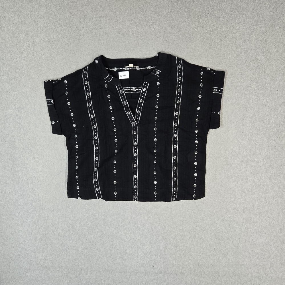 Lucky Brand Women Blouse S Black Floral Striped Boho Short Sleeve V Neck Casual
